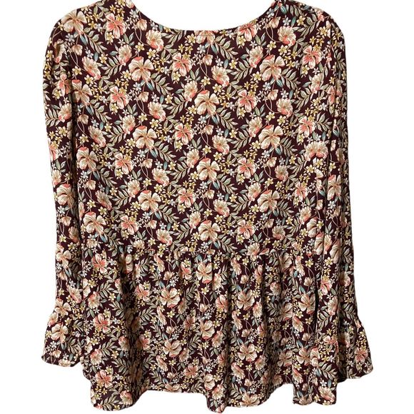 Counterparts Women’s Large Brown Floral Peplum Long Sleeve Blouse - Picture 2 of 7